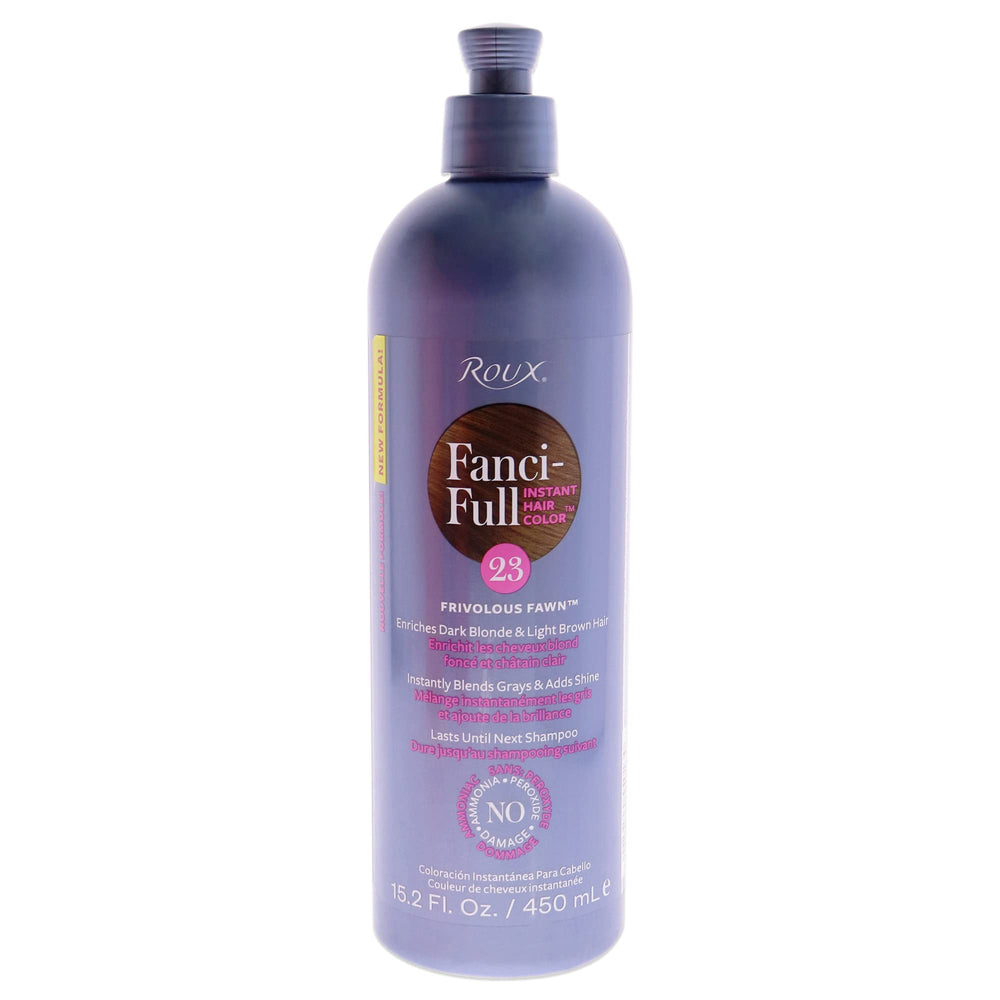 Roux Fanci-Full Frivolous Fawn bottle shows temporary gray coverage and added shine.