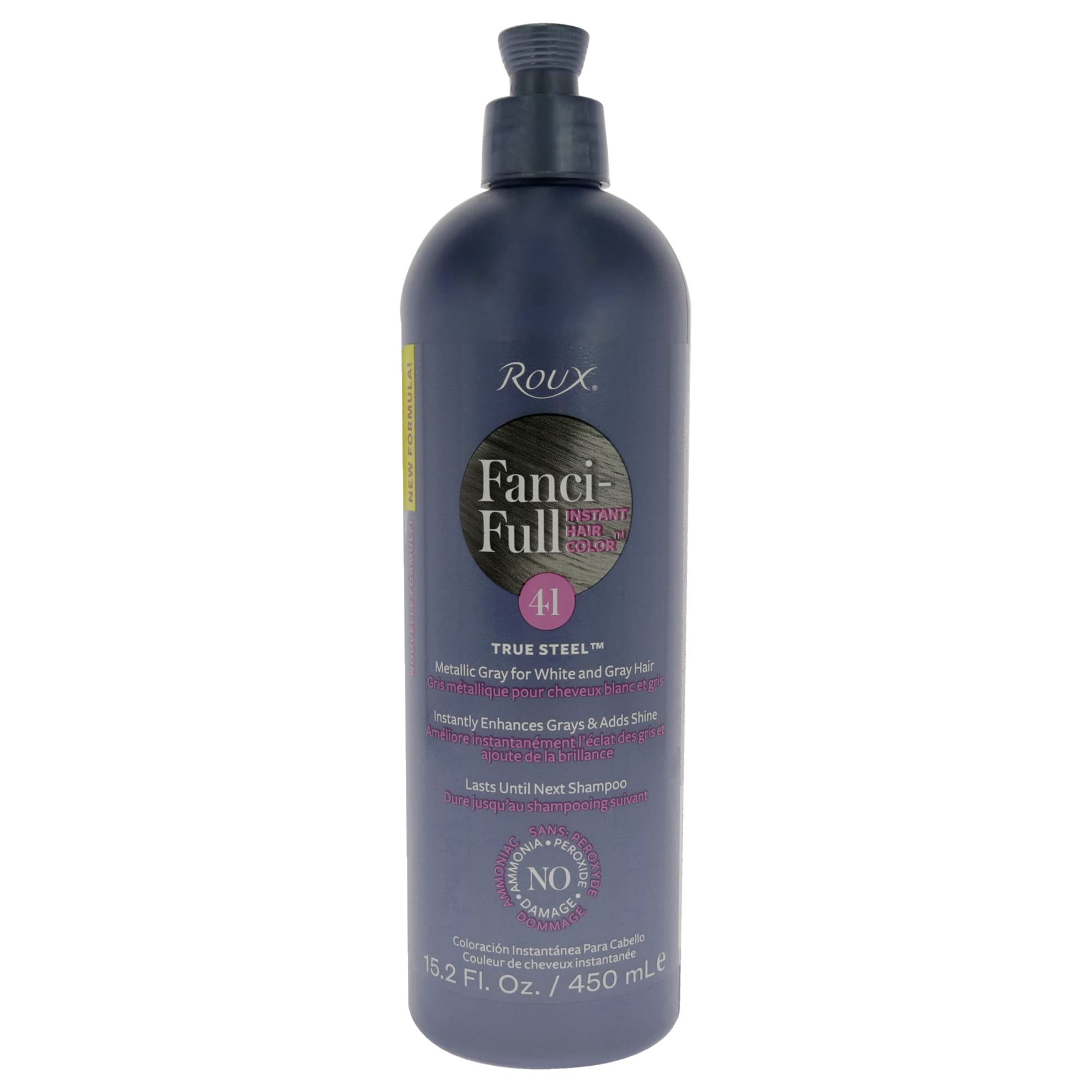 Roux Fanci-Full Rinse True Steel bottle pour shows gray blending and conditioning