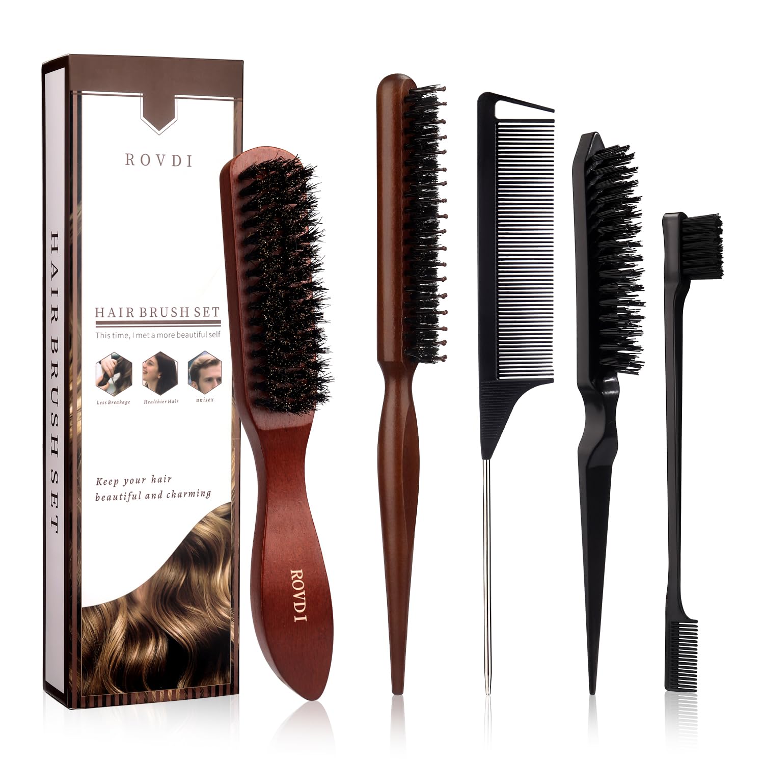 ROVDI deluxe 5pc brush set packaging for at-home styling and gifting