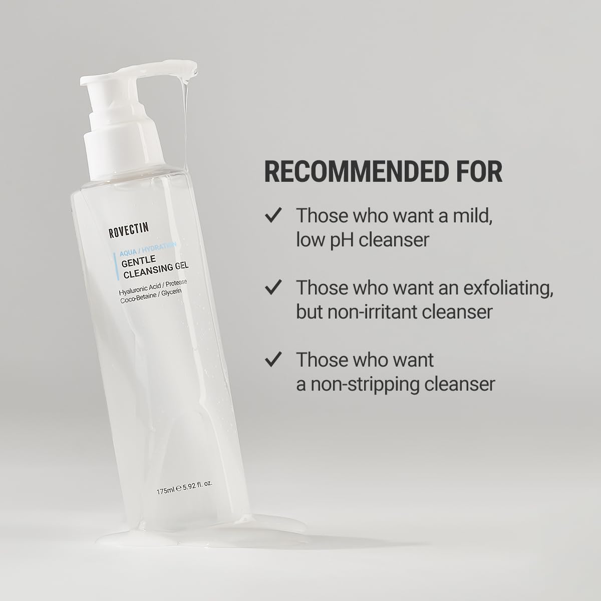 ROVECTIN Aqua Cleansing Gel fragrance-free label signals clean formula
