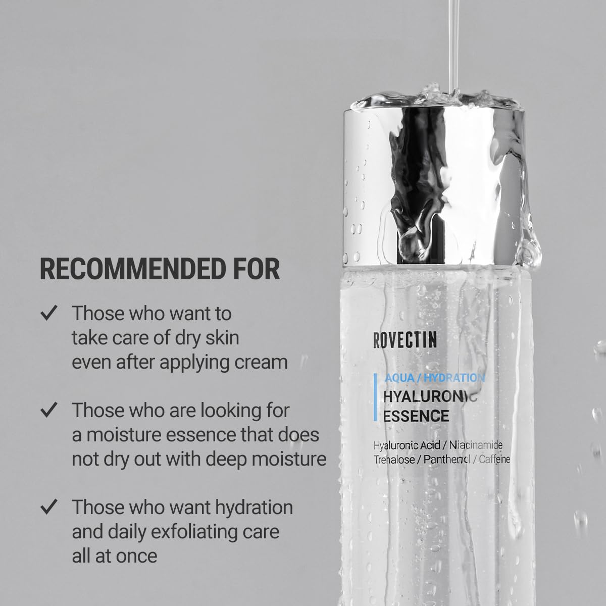 ROVECTIN Aqua Hyaluronic Essence dispensing pump shows easy application in daily routine.