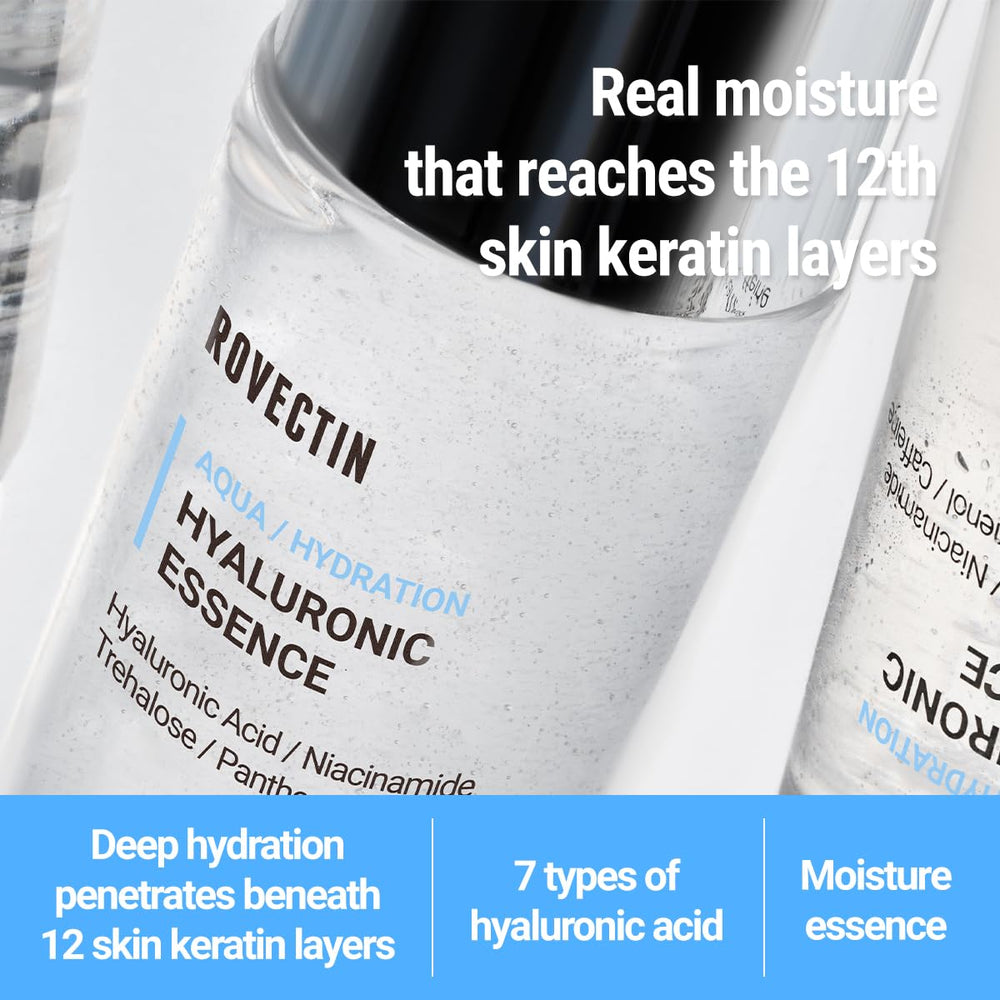 ROVECTIN Aqua Hyaluronic Essence packaging emphasizes vegan, cruelty-free skincare.