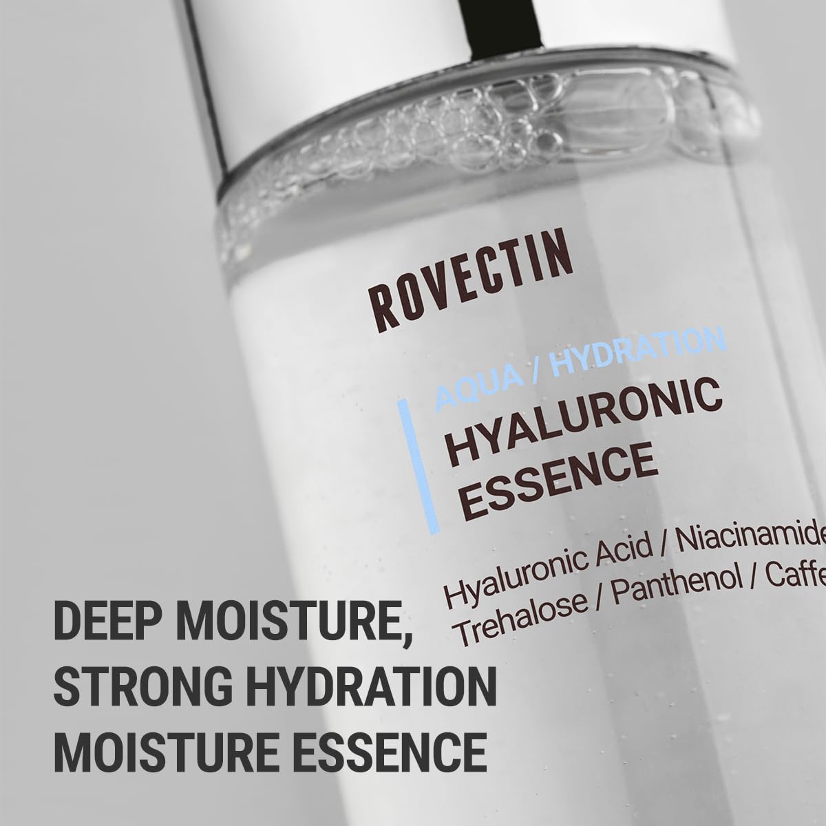 ROVECTIN Aqua Hyaluronic Essence toner swirl demonstrates multi-depth hydration from seven hyaluronic acids.