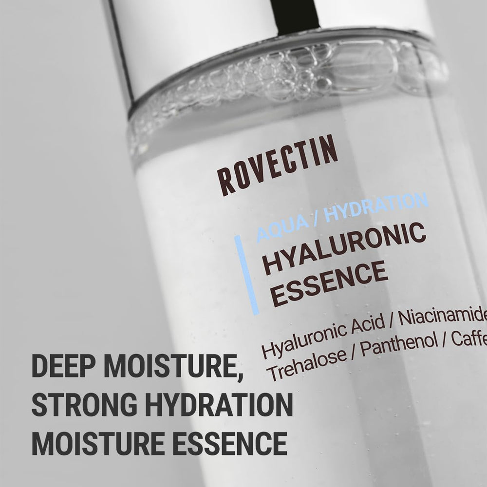 ROVECTIN Aqua Hyaluronic Essence toner swirl demonstrates multi-depth hydration from seven hyaluronic acids.