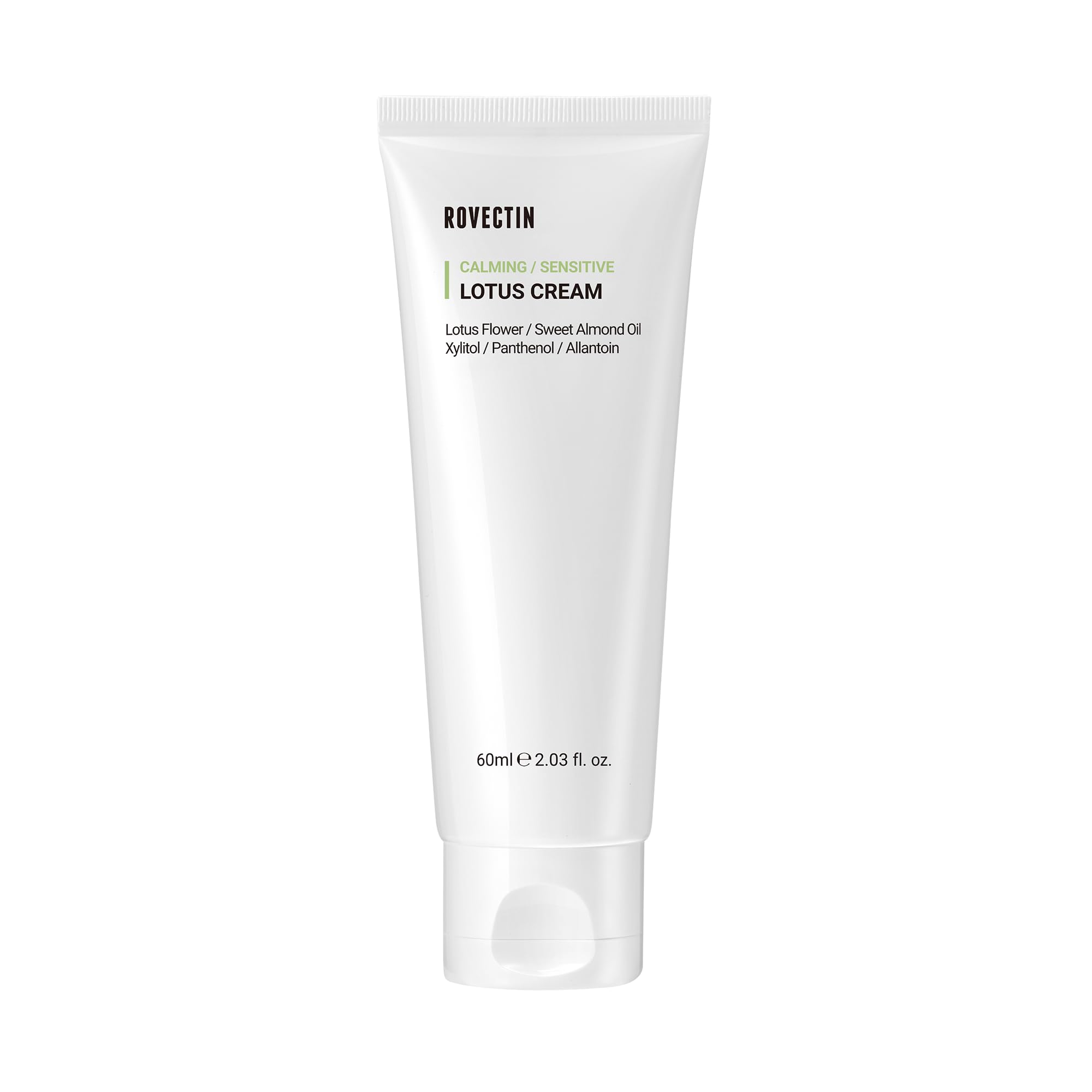 ROVECTIN Calming Lotus Cream bottle offers gentle, lightweight hydration for sensitive skin.