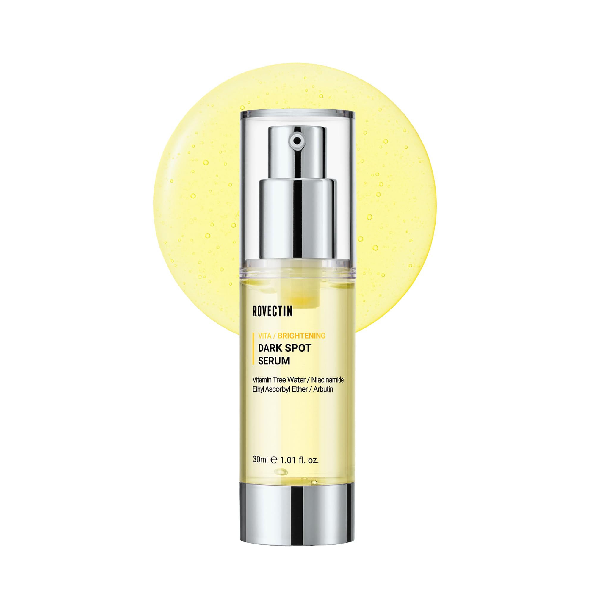 ROVECTIN Vita Dark Spot Serum bottle close-up showing lightweight hydration for sensitive skin