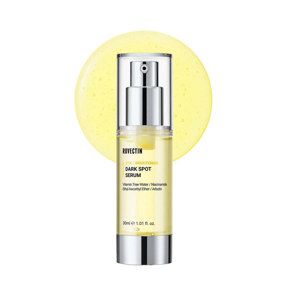 ROVECTIN Vita Dark Spot Serum bottle close-up showing lightweight hydration for sensitive skin