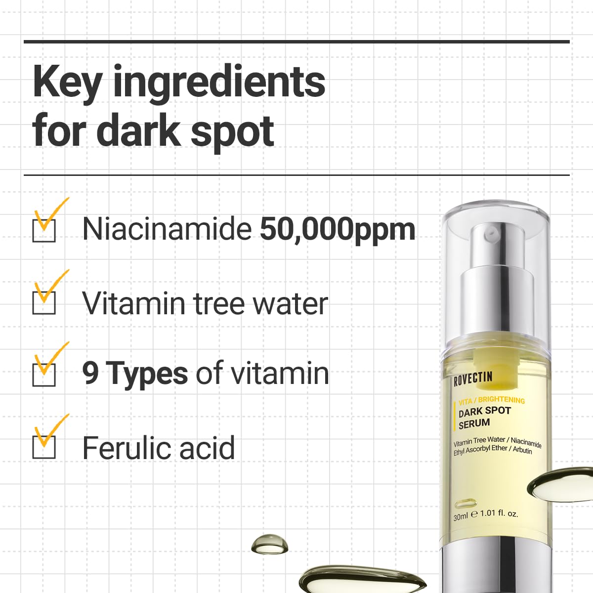 ROVECTIN Vita Dark Spot Serum texture swirl on hand highlights quick absorption