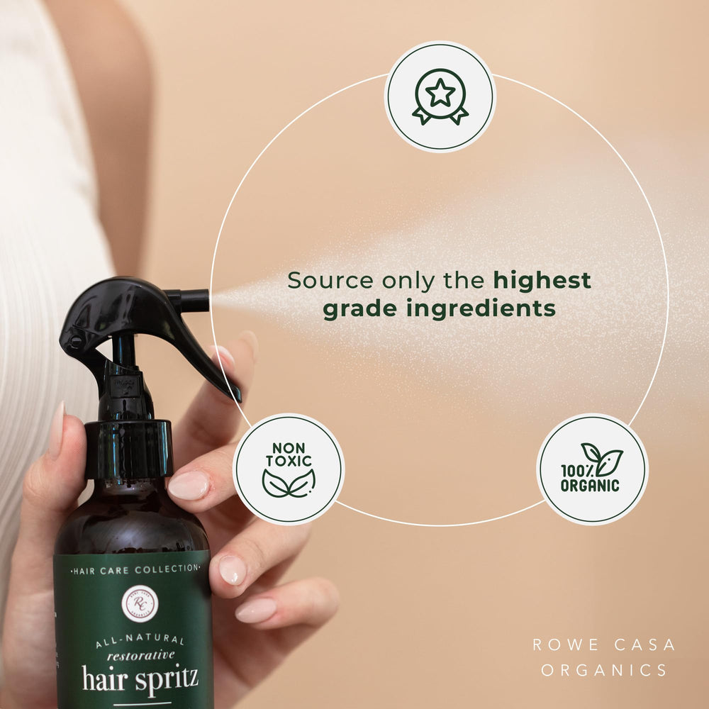Rowe Casa Organics hair spritz label close-up showing natural branding