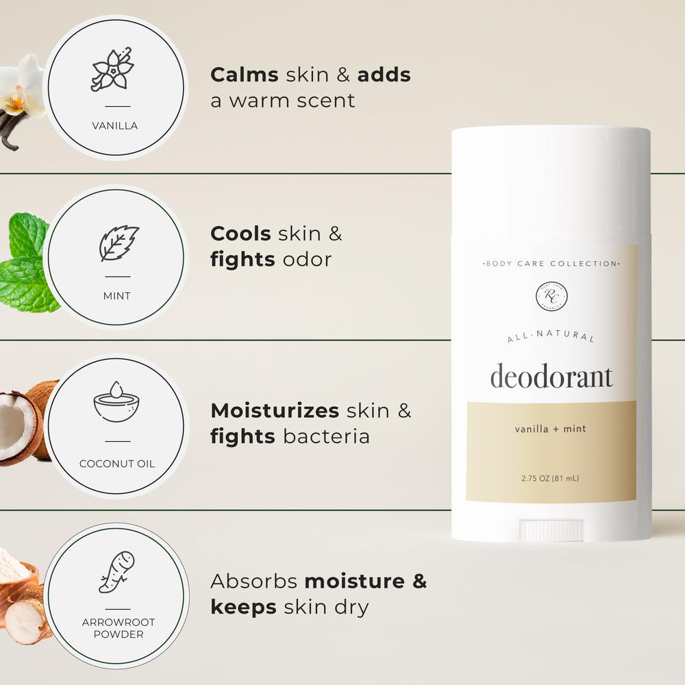Rowe Casa Organics Vanilla + Mint packaging highlights natural ingredients and aluminum-free design.