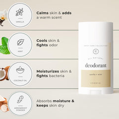 Rowe Casa Organics Vanilla + Mint packaging highlights natural ingredients and aluminum-free design.