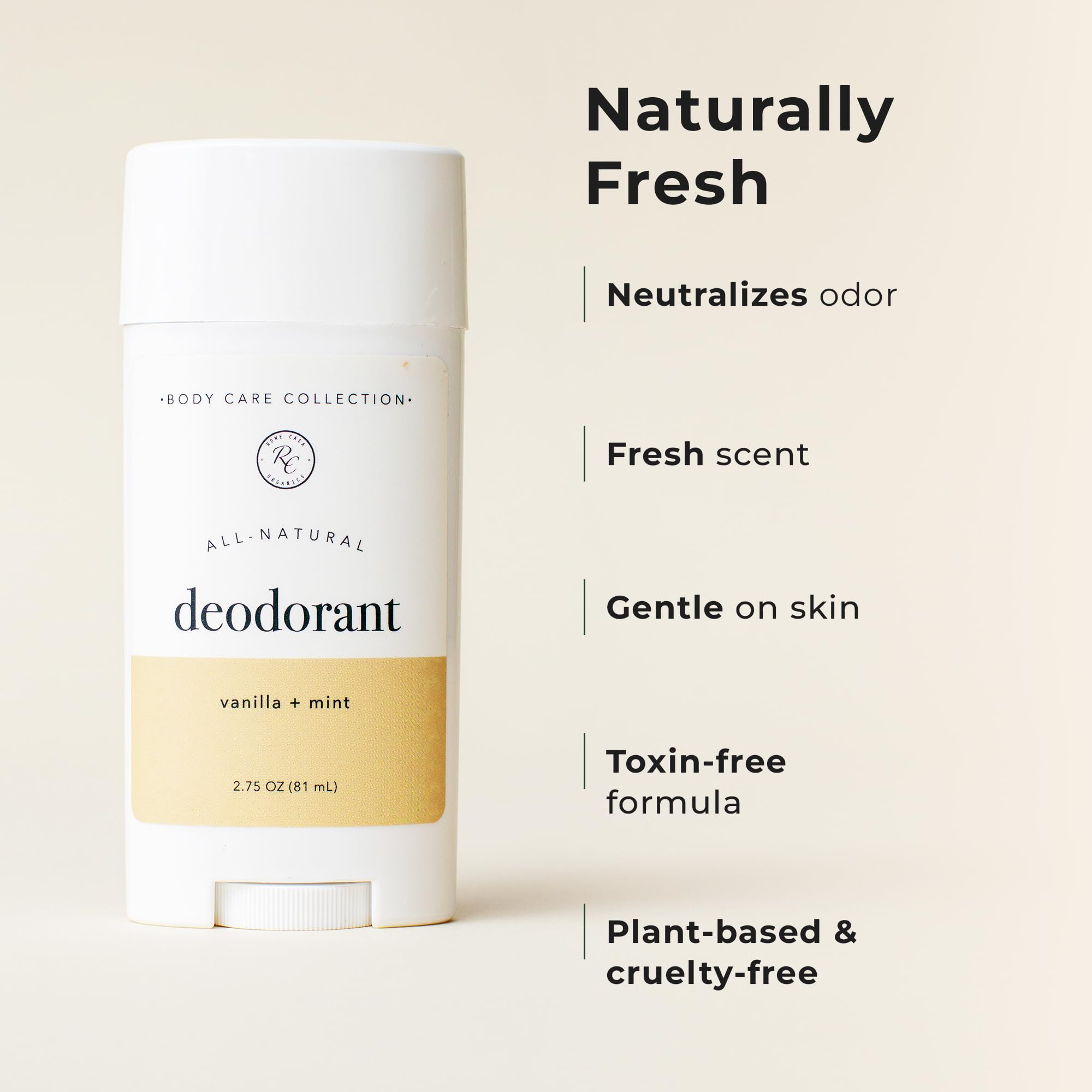 Rowe Casa Vanilla + Mint deodorant care spotlight suggests daily use and gentle skin feel.
