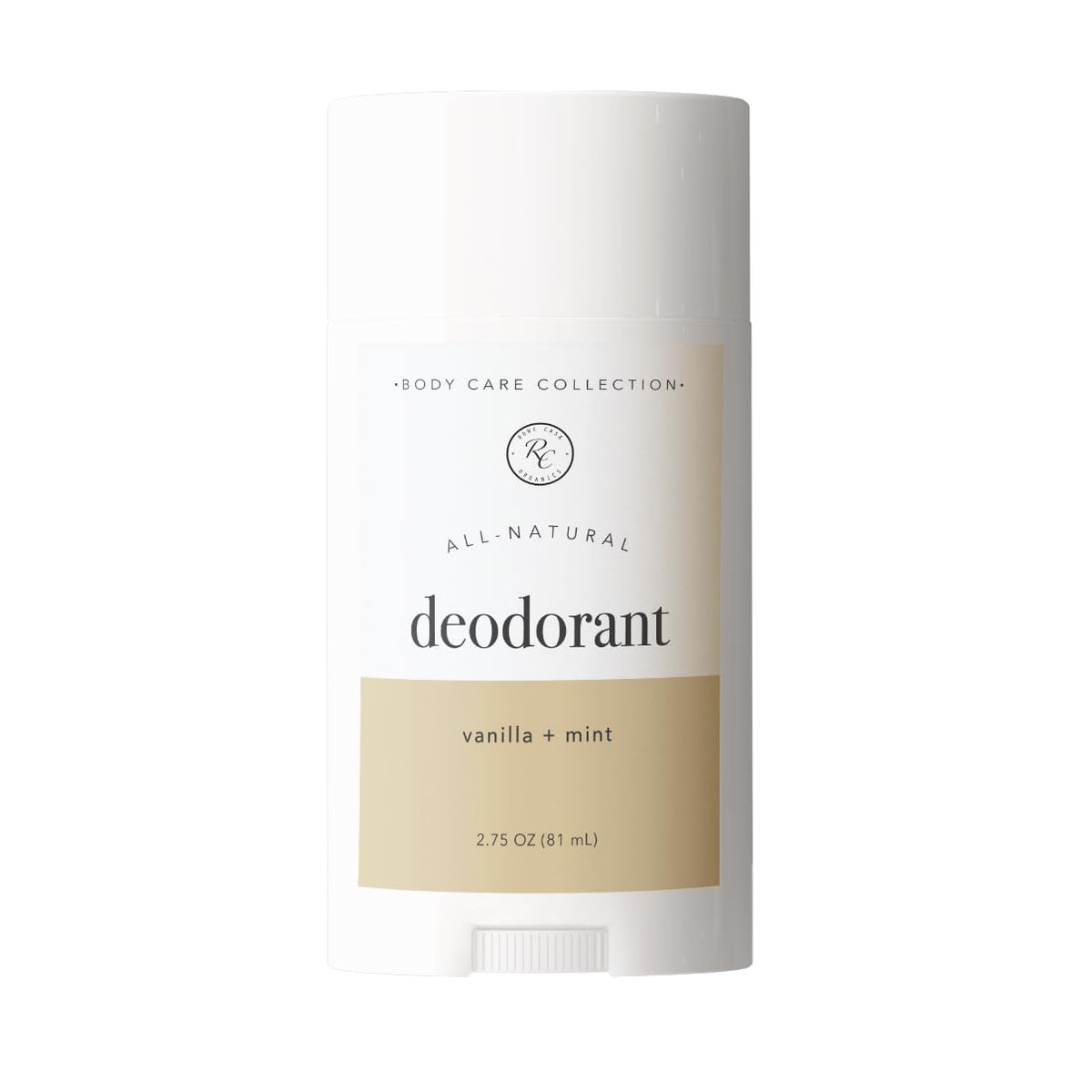 Rowe Casa Vanilla + Mint deodorant stick closeup for lasting odor control.
