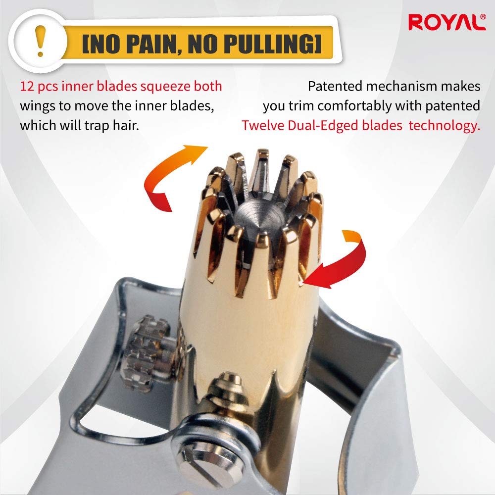 ROYAL Gold Nose Trimmer patented-mechanism ET-4PG ensures gentle trimming without skin contact.