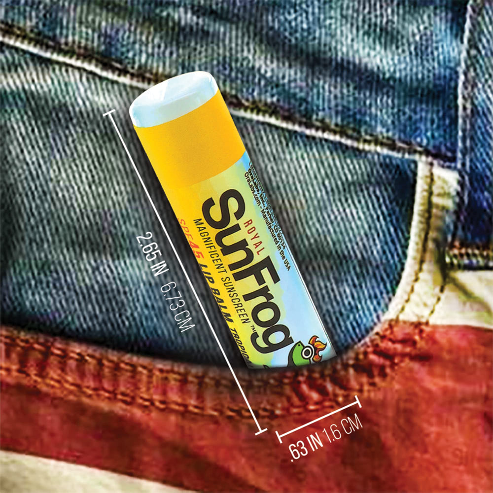 Royal SunFrog SPF 45 lip balm suitable for surfing, running, and hiking.