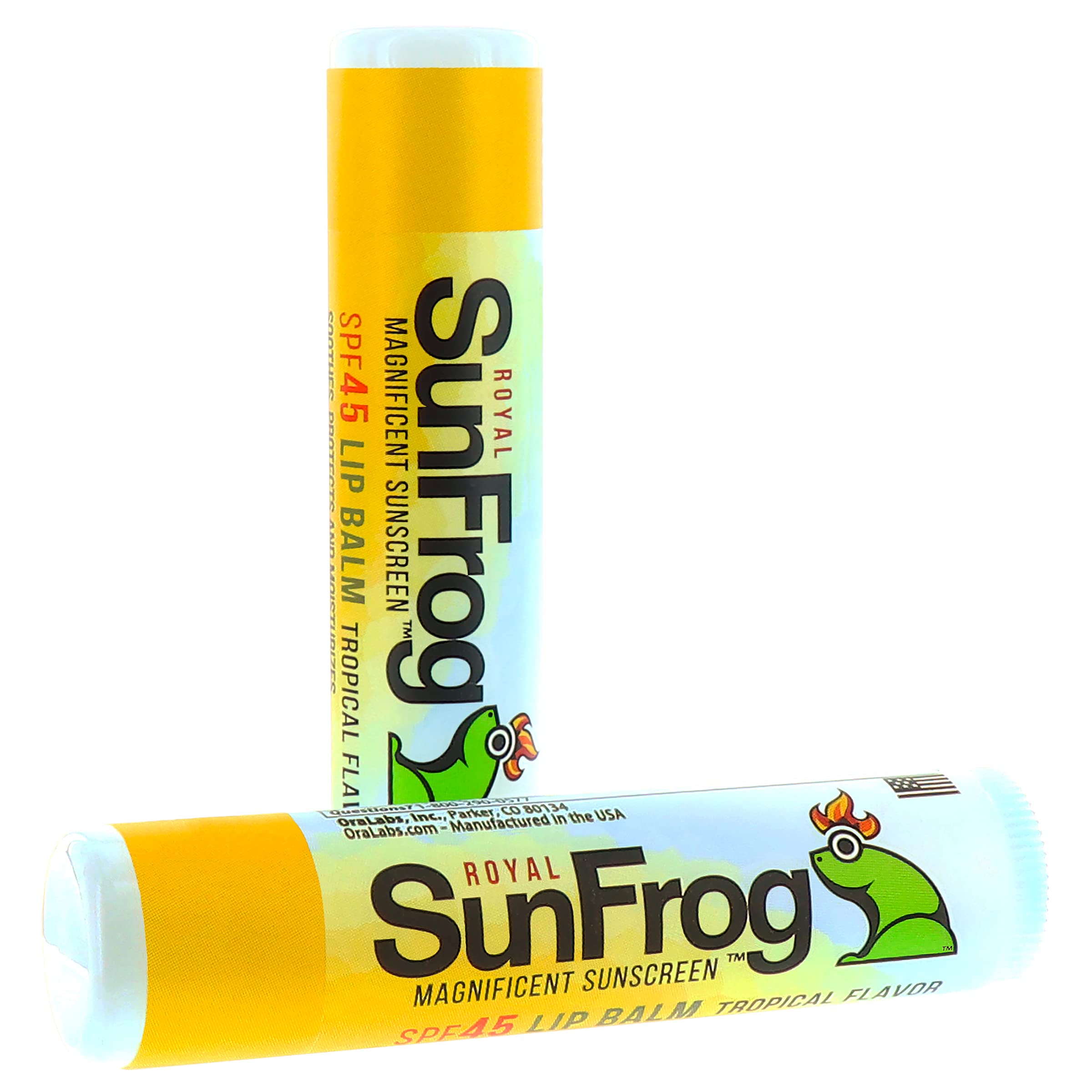 Royal SunFrog tropical lip balm application close-up with moisturizing Vitamin E.