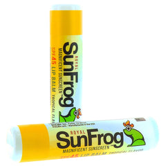 Royal SunFrog tropical lip balm application close-up with moisturizing Vitamin E.