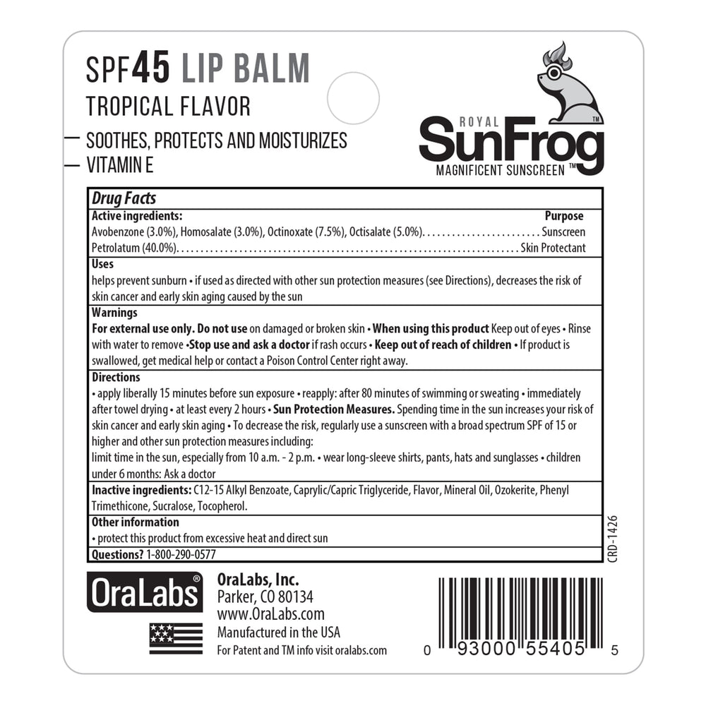 Royal SunFrog lip balm in pocket-ready travel-friendly packaging.