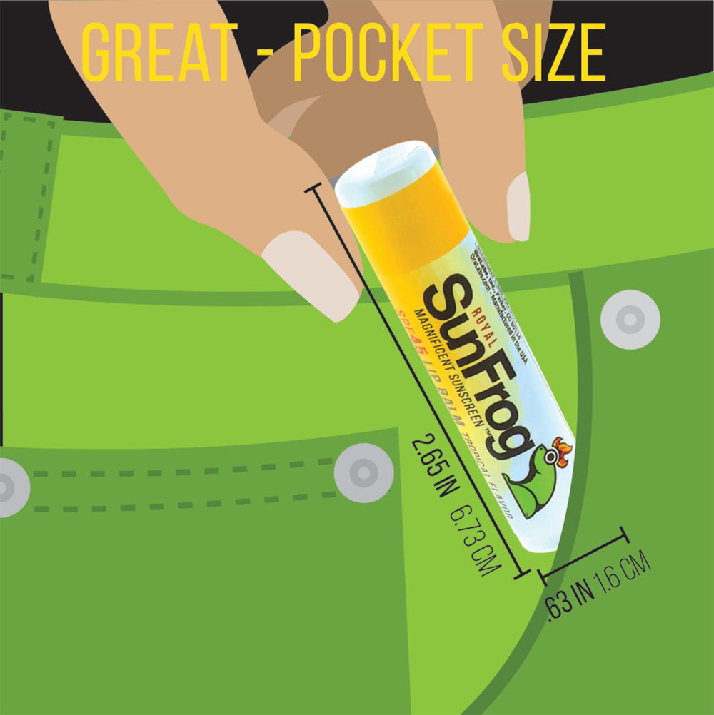 Royal SunFrog SPF 45 lip balm highlights water resistance for outdoor activities.