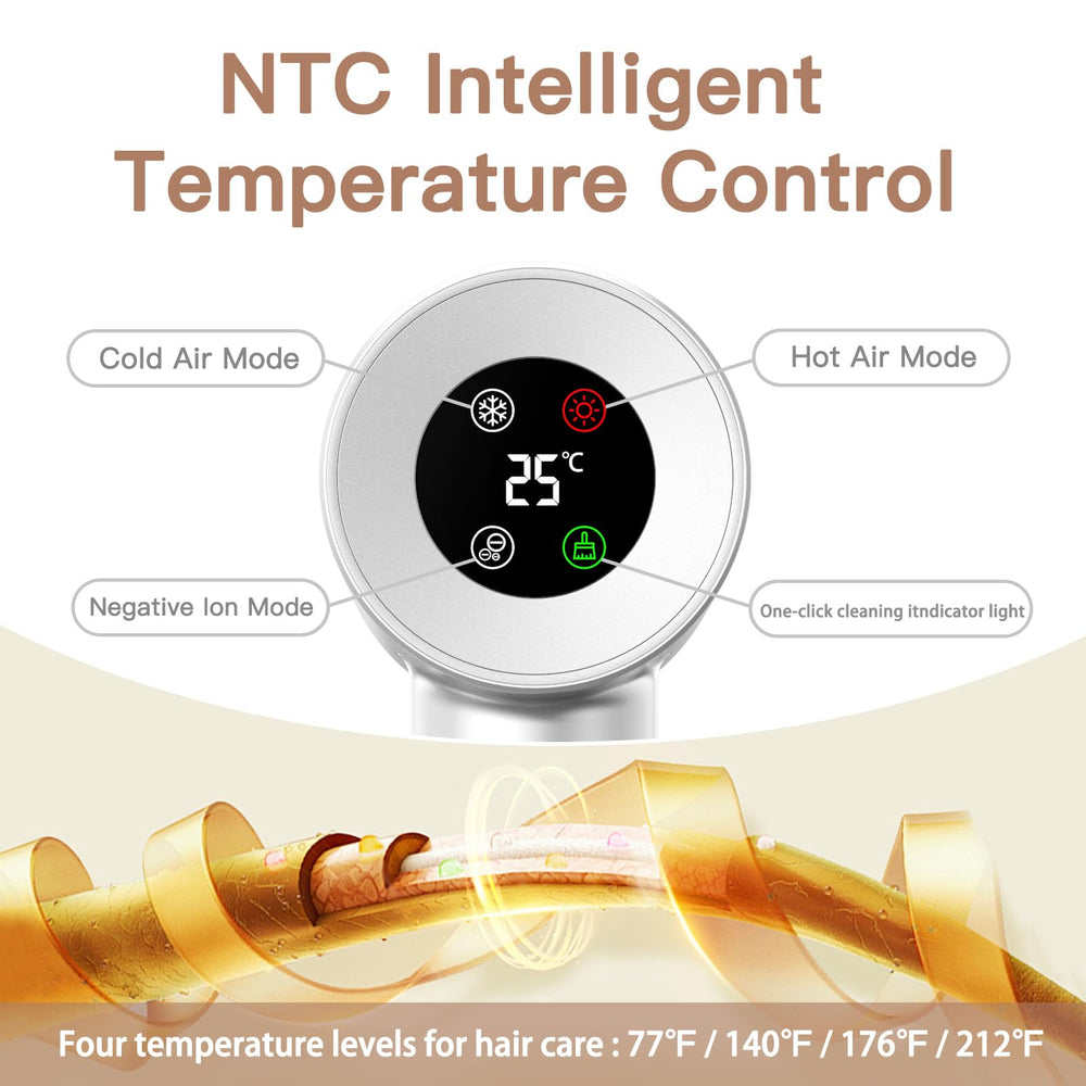 Royalstar hair dryer HD display shows customizable heat and speed settings.