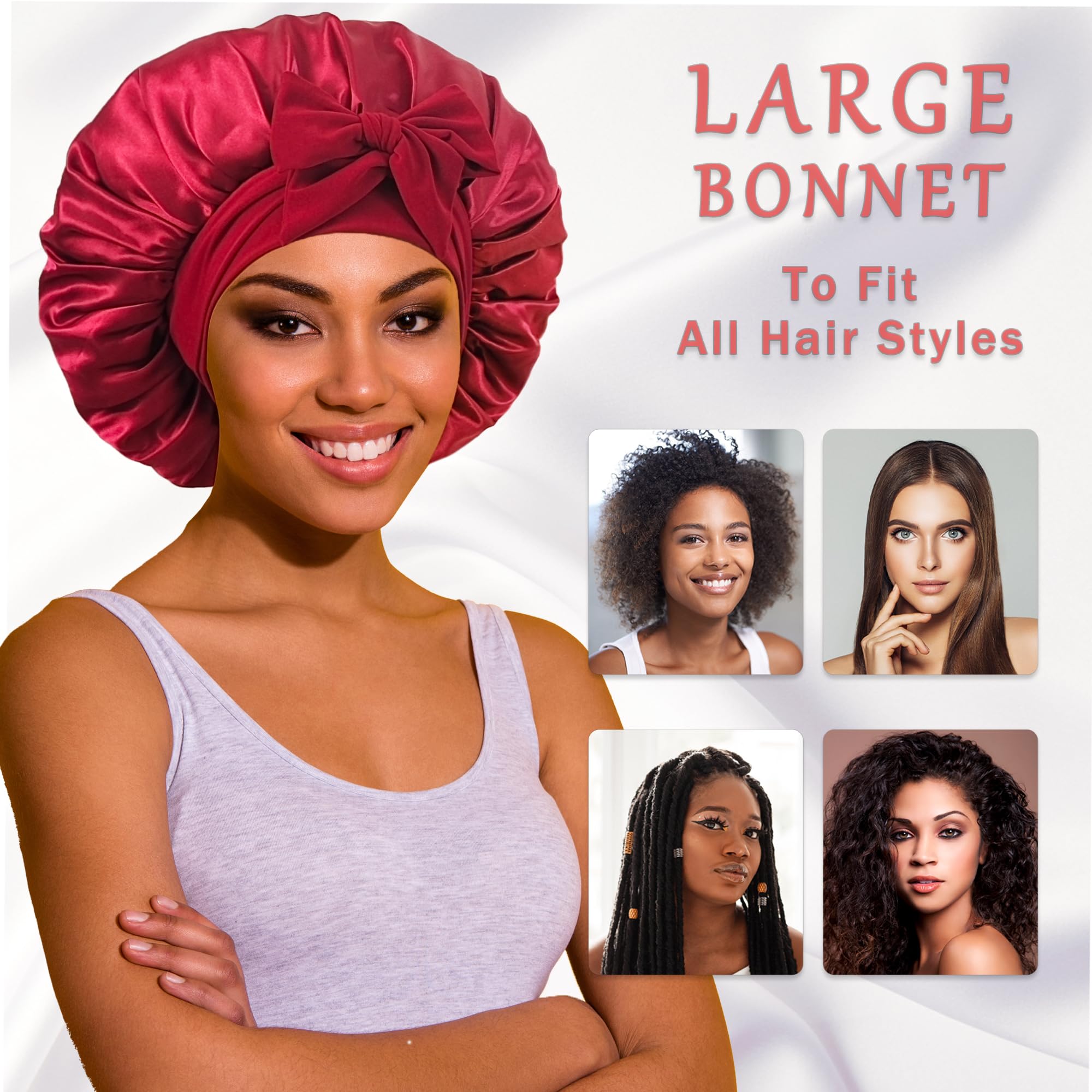 ROYBENS bonnet on head—daily-use sleep cap for smooth, moisturized hair.