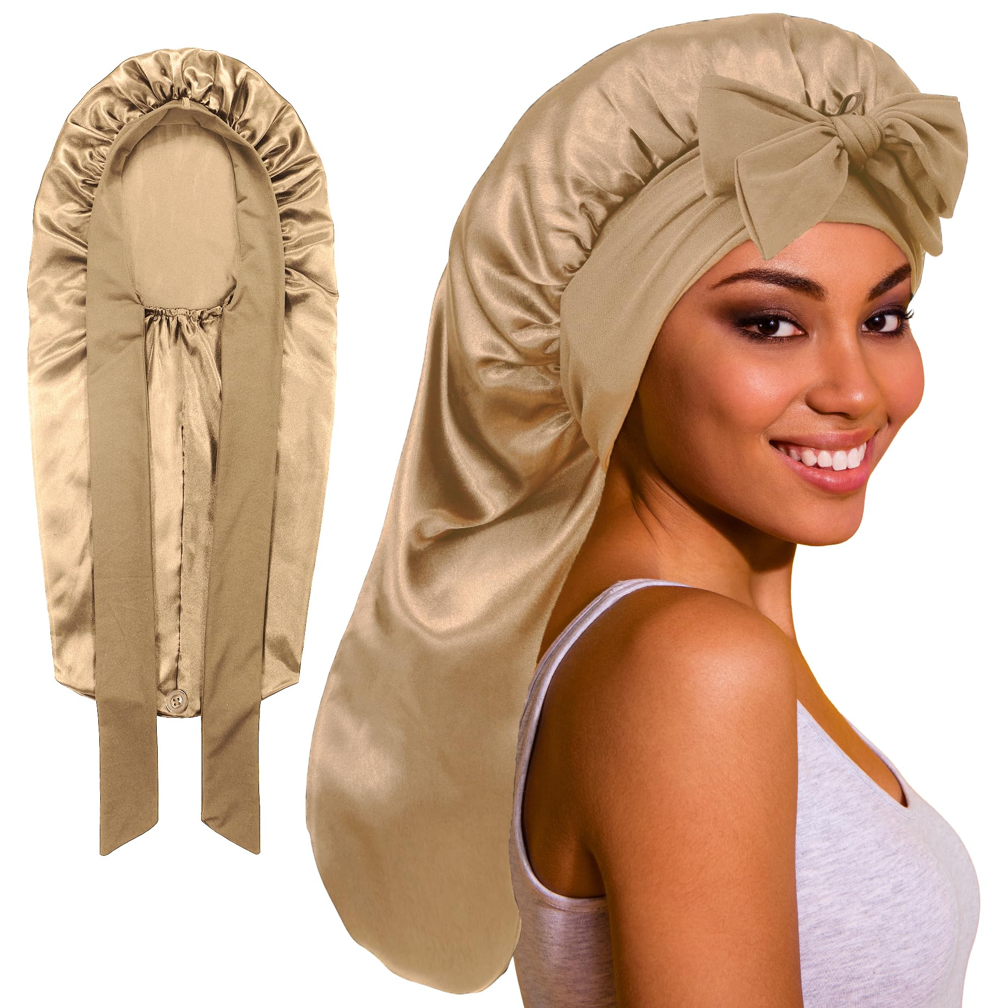 ROYBENS long bonnet on bed shows satin texture for overnight hair protection