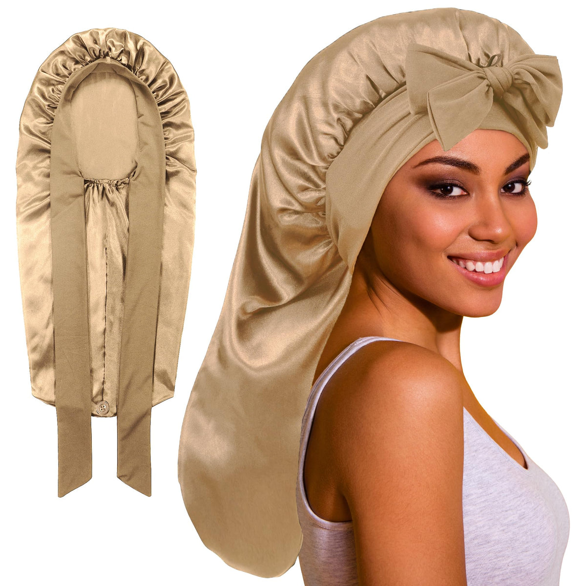 ROYBENS long bonnet on bed shows satin texture for overnight hair protection