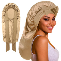 ROYBENS long bonnet on bed shows satin texture for overnight hair protection