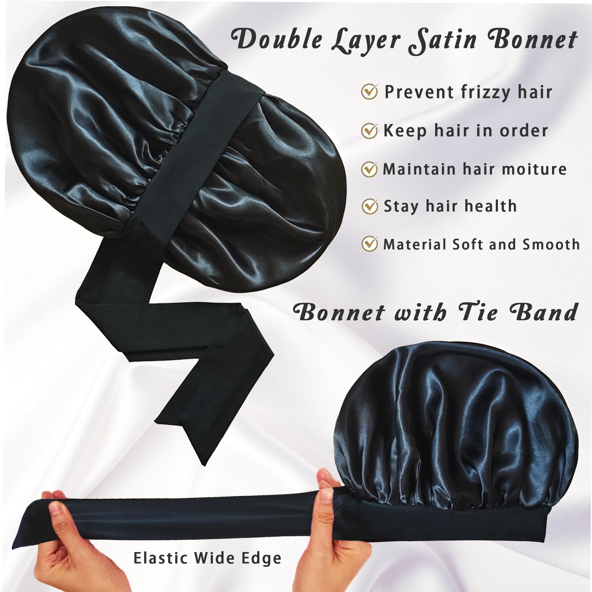 ROYBENS satin bonnet double layer inside view—soft, breathable hair protection.