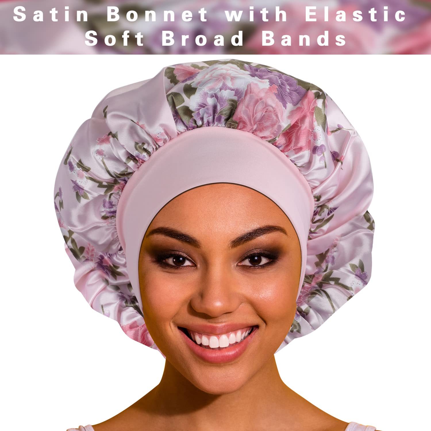 ROYBENS satin bonnet elastic band close-up emphasizes comfortable, non-tight fit