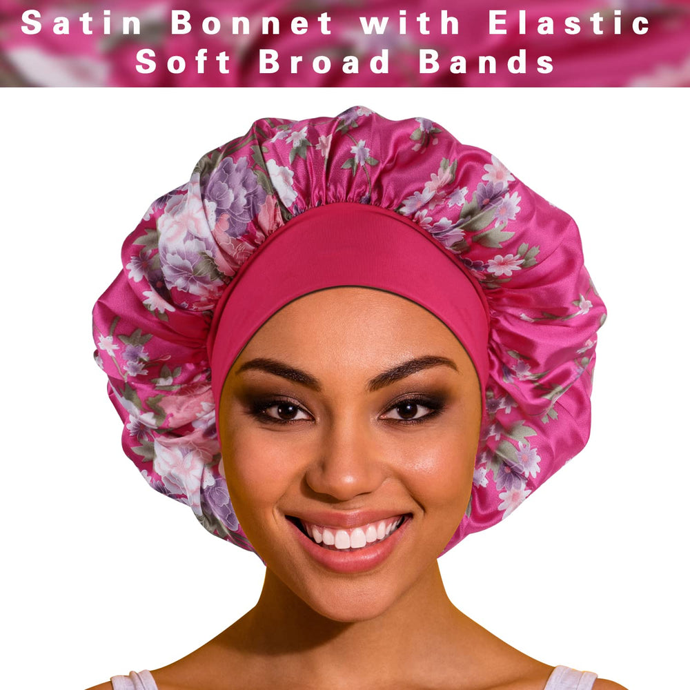 ROYBENS satin bonnet worn shows comfortable elastic band and secure fit overnight.