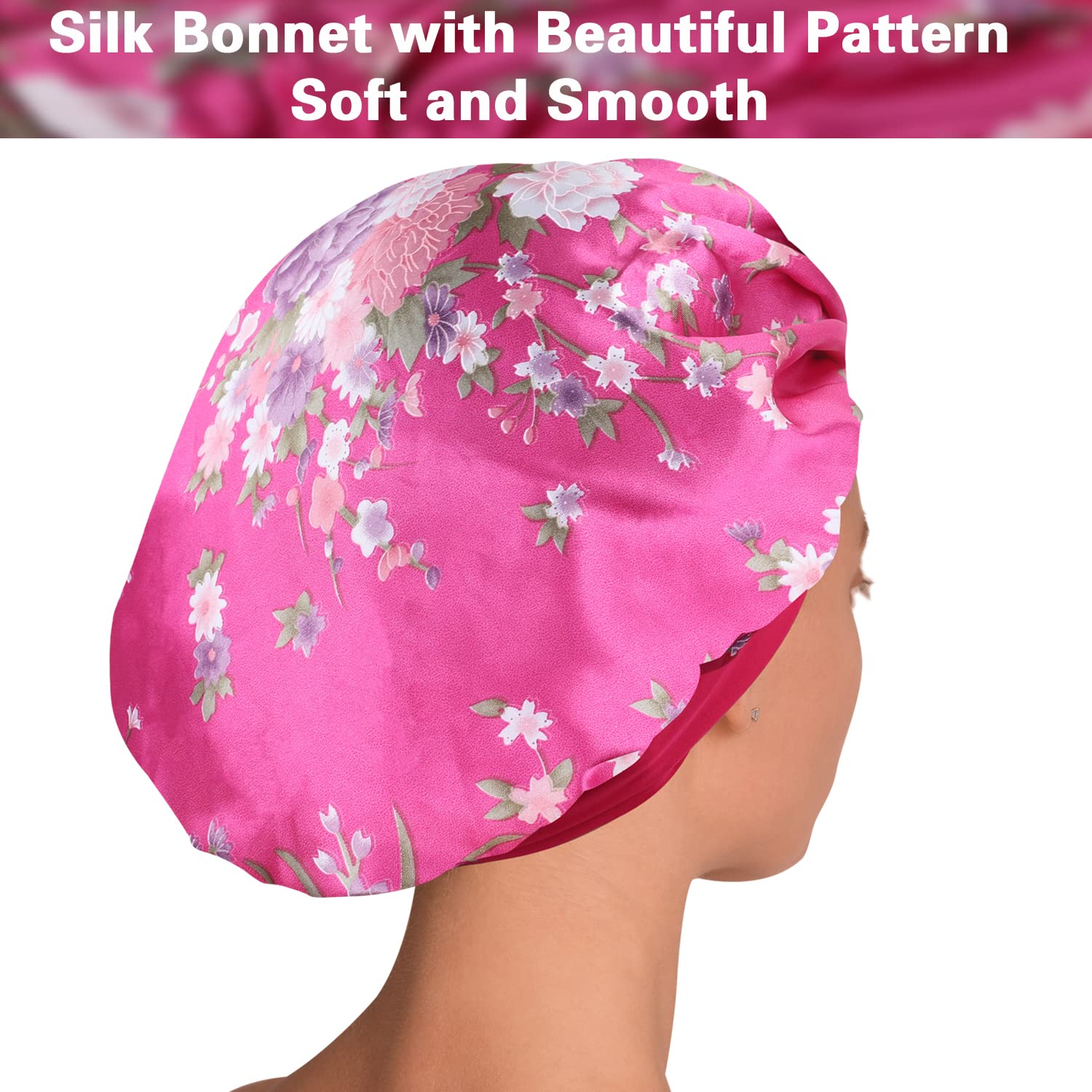 ROYBENS satin bonnet four-pack flatlay demonstrates value and variety for multiple users.