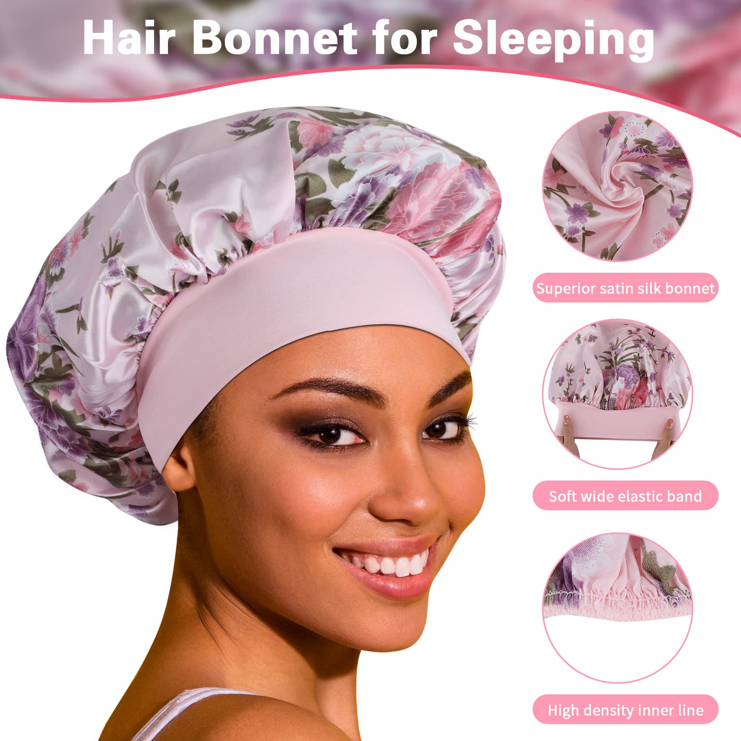 ROYBENS satin bonnet model wearing demonstrates secure, full-coverage sleep protection
