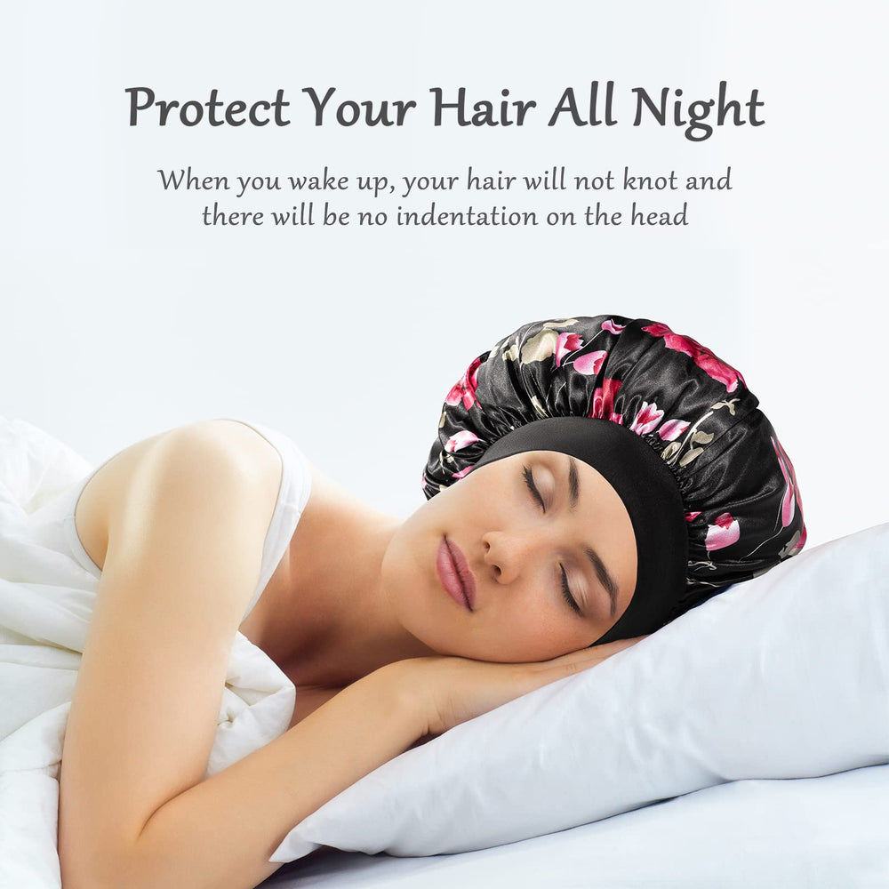 ROYBENS satin bonnet shown with bed pillow and skincare routine.