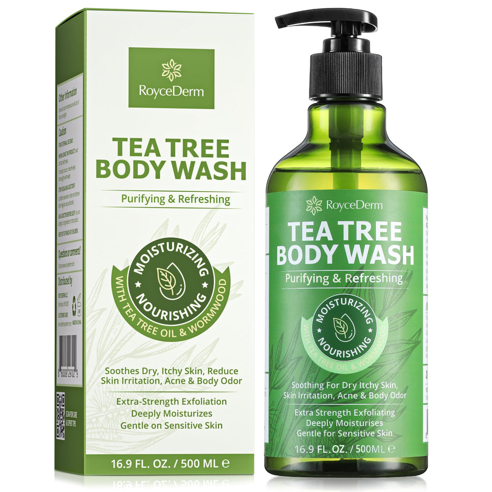 Roycederm antifungal body wash bottle pour shows natural cleansing with tea tree oil