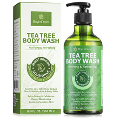 Roycederm antifungal body wash bottle pour shows natural cleansing with tea tree oil