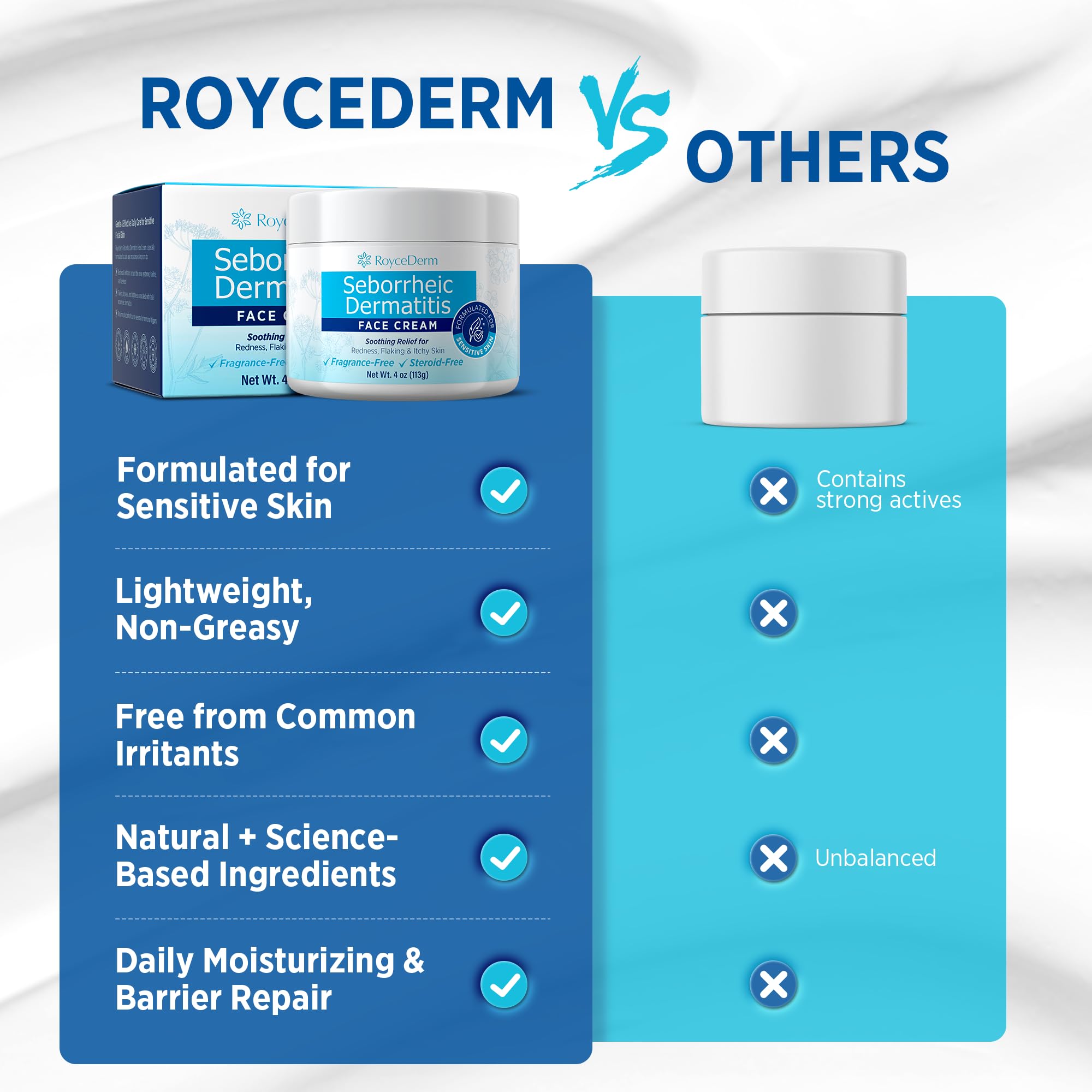 Roycederm botanical complex highlight aloe, green tea, chamomile for calm skin.