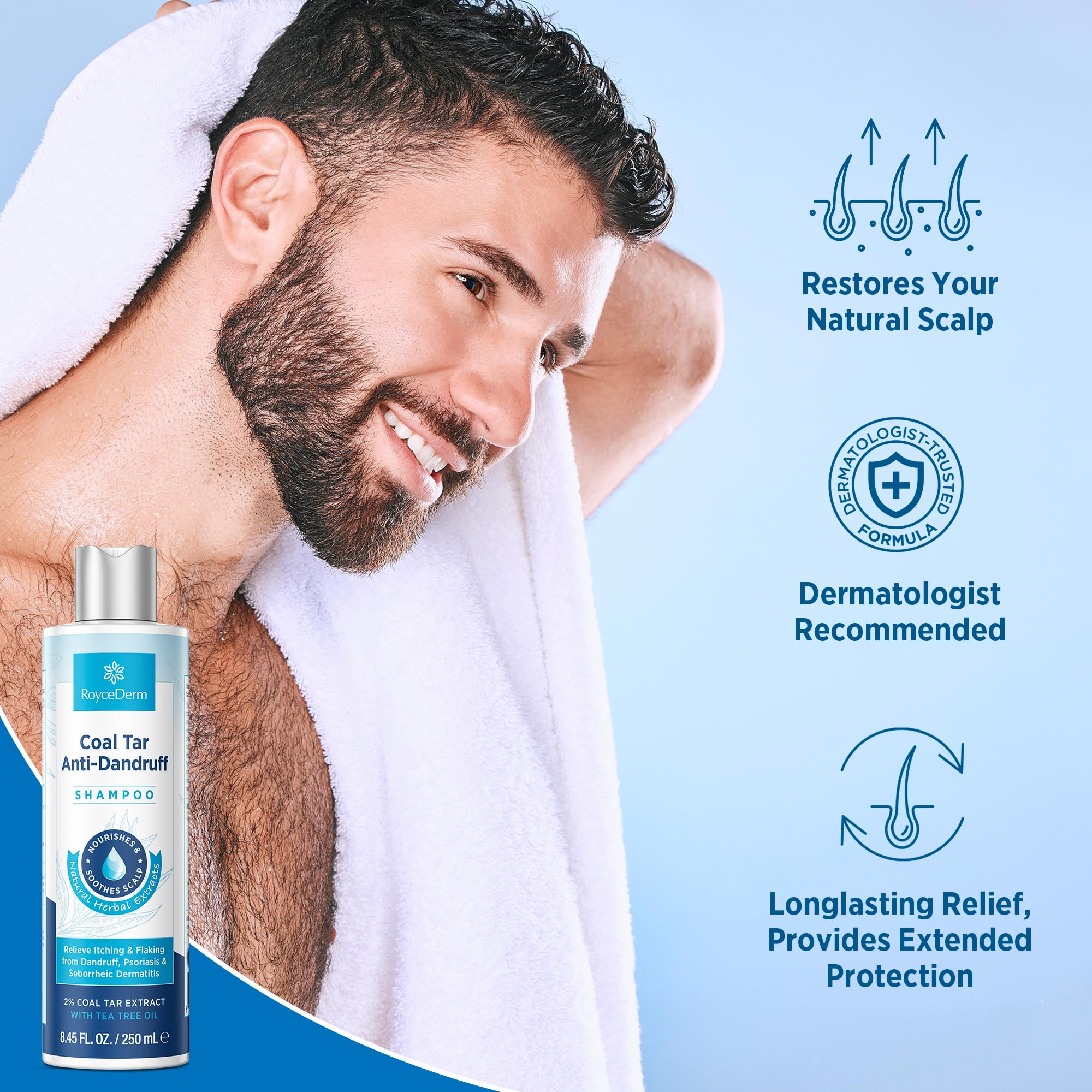 RoyceDerm Coal Tar Shampoo suitable for men and women with gentle care.
