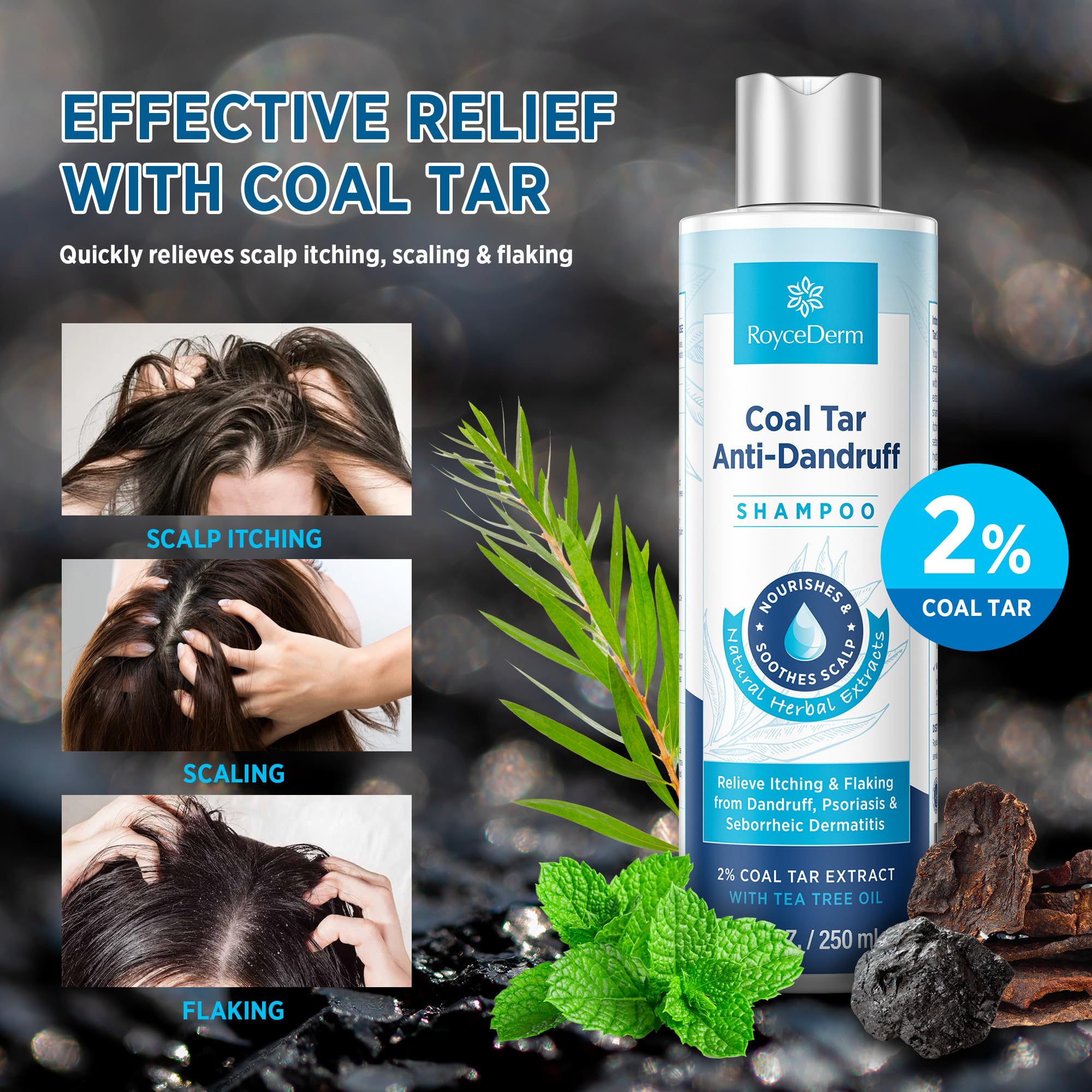 RoyceDerm Coal Tar Shampoo lather close-up demonstrates cleansing and hydration action.