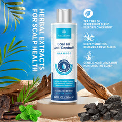 RoyceDerm Coal Tar Shampoo scalp relief focus for dandruff and dermatitis symptoms.