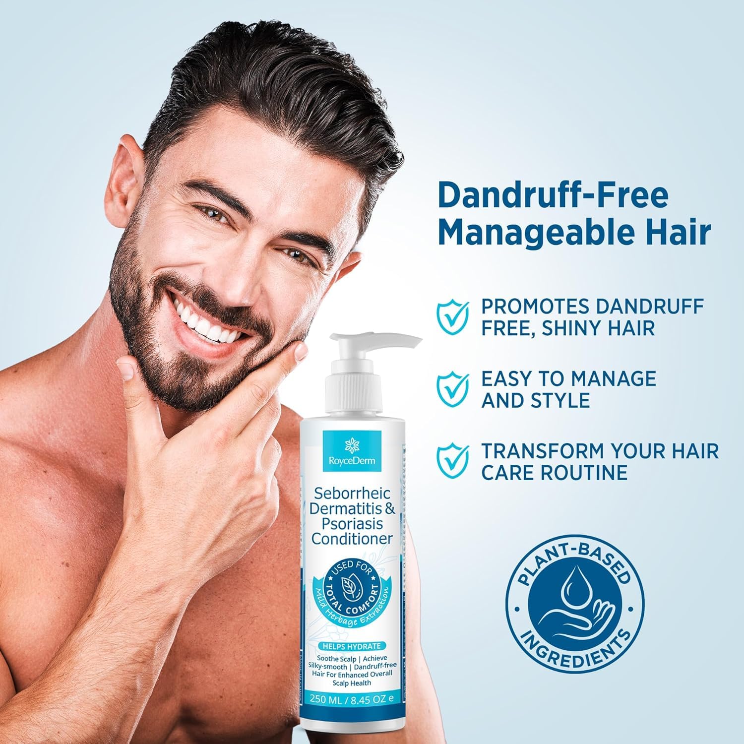 Roycederm conditioner hydrates dry scalp for comfortable daily use.