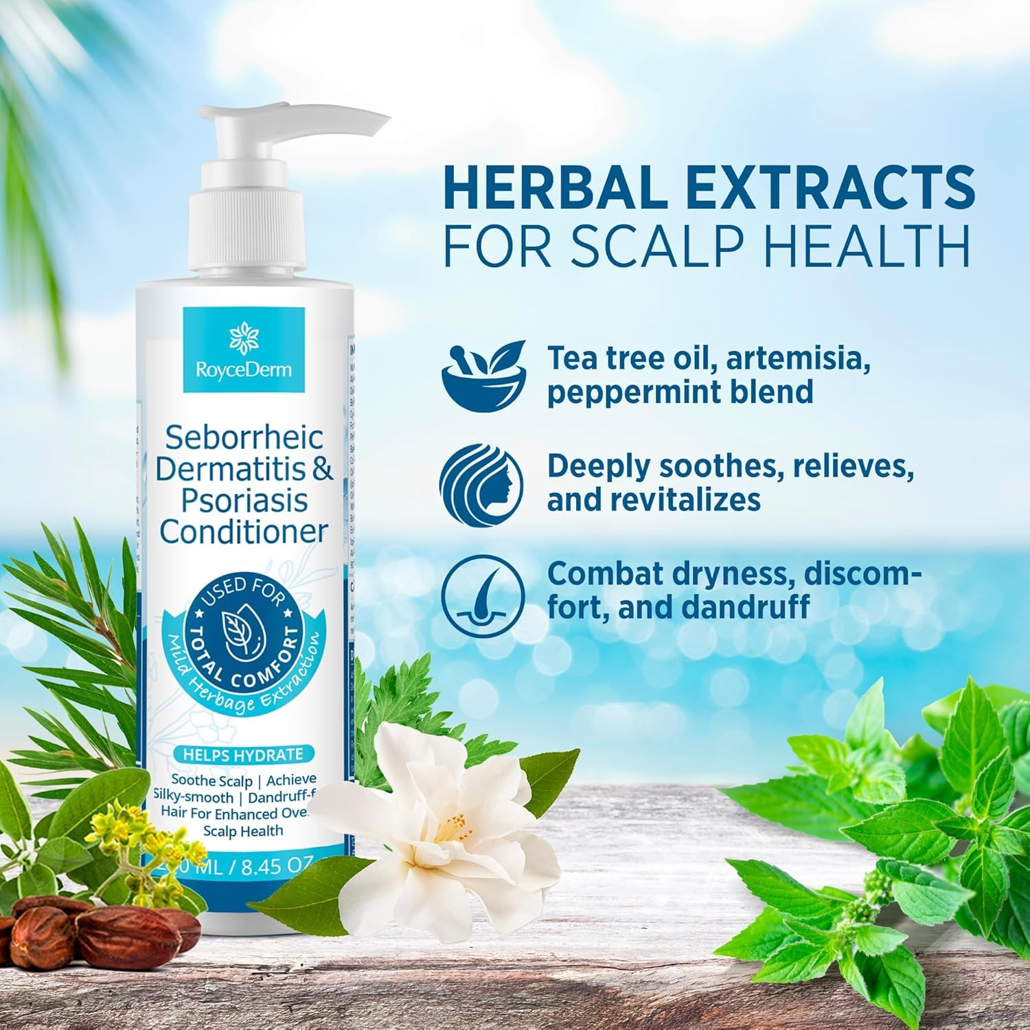 Roycederm conditioner with herbal extracts supports gentle scalp care.