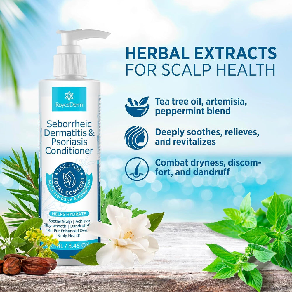 Roycederm conditioner with herbal extracts supports gentle scalp care.
