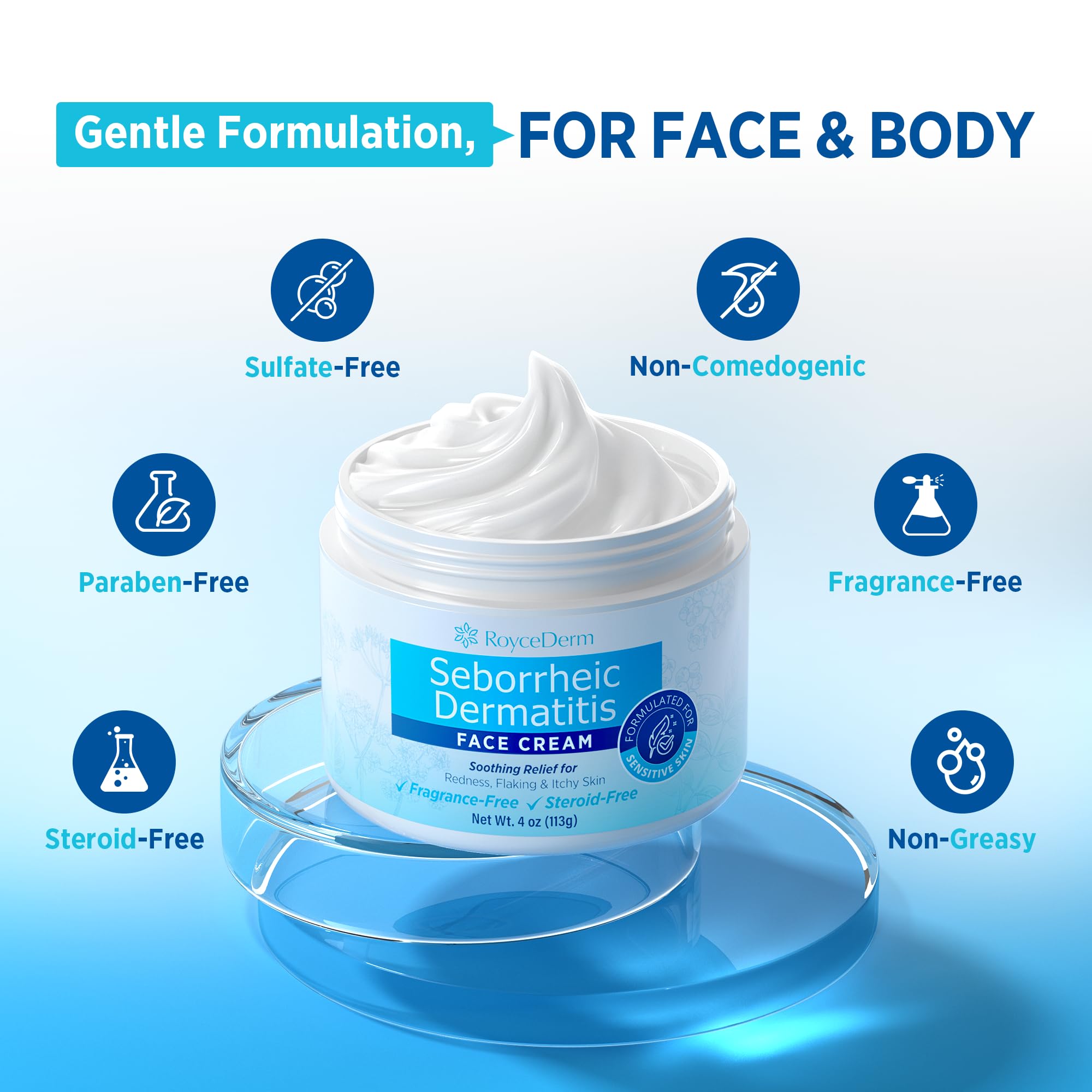 Roycederm daily-use shot demonstrates safe application on face, scalp, and body.