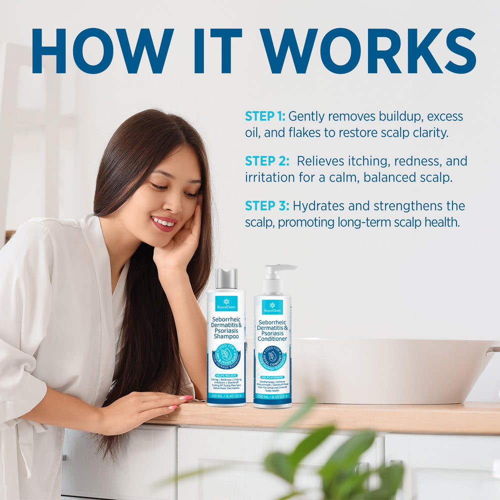 Roycederm dandruff relief closeup captures reduced flakes and renewed hair comfort.