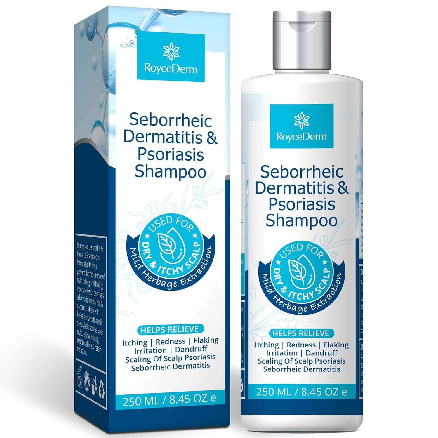 Roycederm psoriasis shampoo bottle showing soothing scalp care