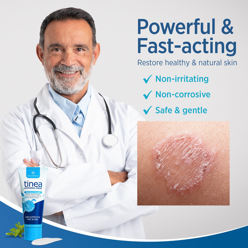 Roycederm-ringworm-treatment-cream-label highlights gentle herbal extracts supporting skin comfort and relief of symptoms.