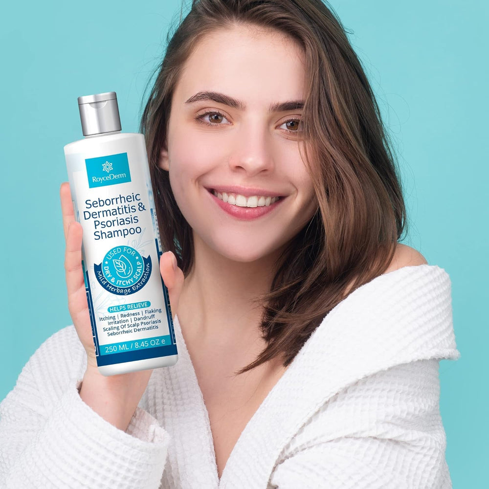 Roycederm scalp care shampoo packaging on display for daily routine