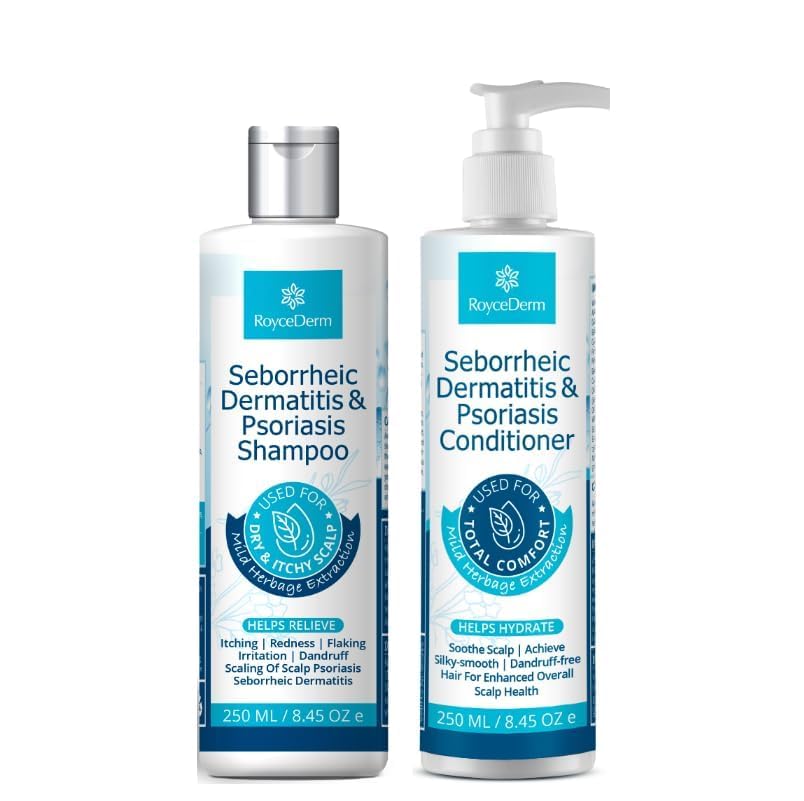 Roycederm seborrheic dermatitis shampoo bottle for soothing itchy scalp relief.