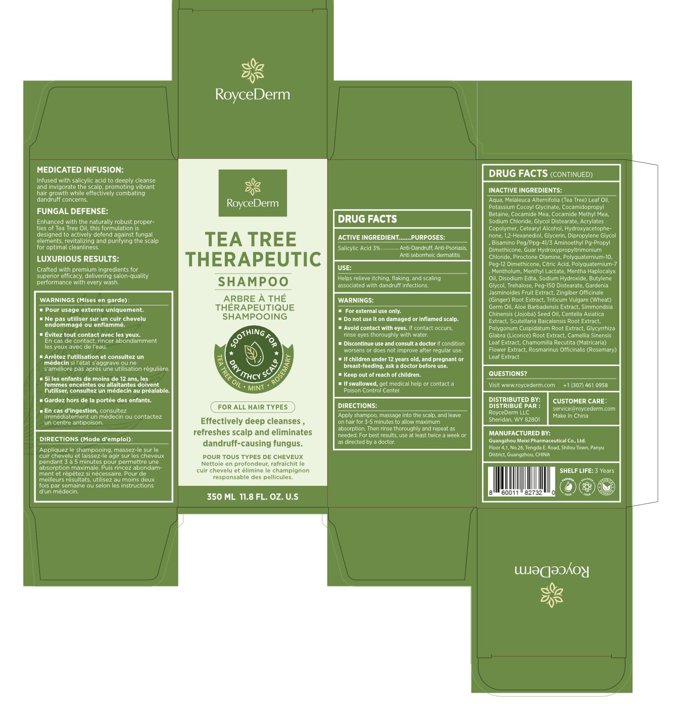 Roycederm Tea Tree Antifungal Shampoo packaging highlights sulfate-free and paraben-free formula.